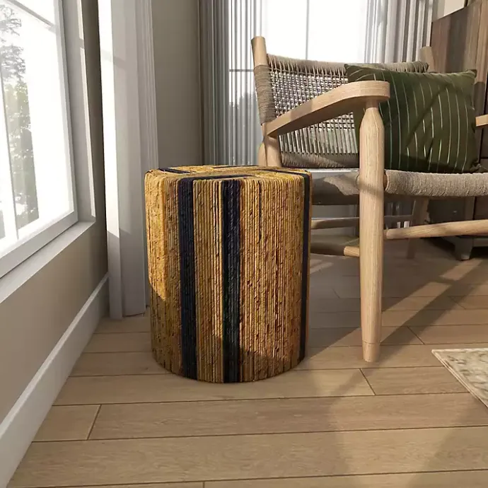 Sale Kirklands Home Handmade Round Banana Leaf Striped Accent Table Brown