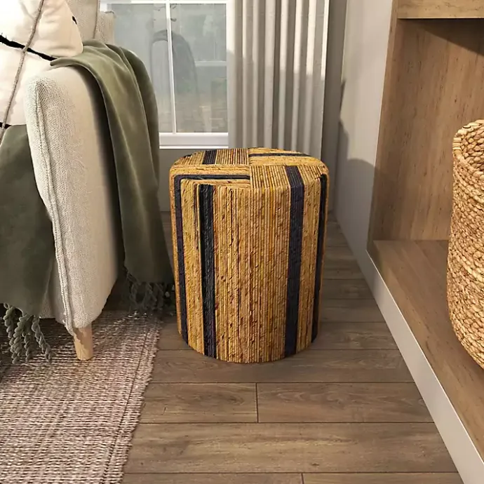 Sale Kirklands Home Handmade Round Banana Leaf Striped Accent Table Brown