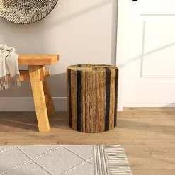 Sale Kirklands Home Handmade Round Banana Leaf Striped Accent Table Brown