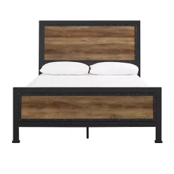 Outlet Kirklands Home Industrial Rustic Oak Queen Bed with Metal Frame Brown
