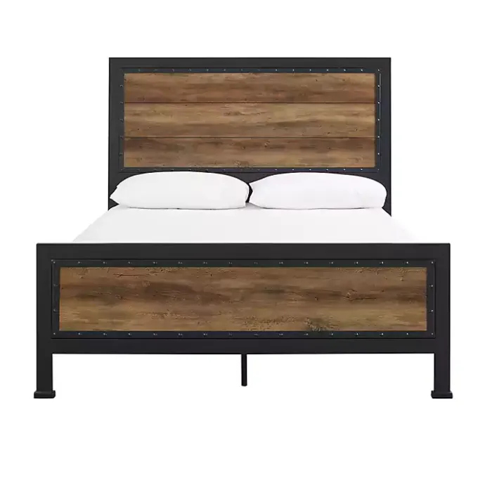 Outlet Kirklands Home Industrial Rustic Oak Queen Bed with Metal Frame Brown