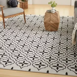 New Kirklands Home Ivory & Black Quatrefoil Indoor/Outdoor Rug, 8x10