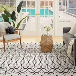 New Kirklands Home Ivory & Black Quatrefoil Indoor/Outdoor Rug, 8x10
