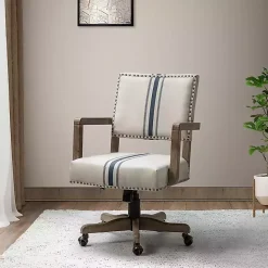 Kirklands Home Ivory and Blue Stripe Natural Wood Office Chair