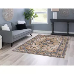 Clearance Kirklands Home Ivory and Gold Julian Washable Area Rug, 5x7