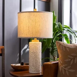 Best Kirklands Home Ivory Embossed Floral Cylinder Table Lamp Tan