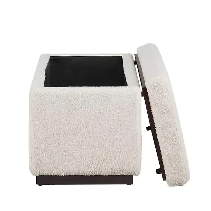 New Kirklands Home Ivory Sherpa & Walnut Rectangle Storage Ottoman