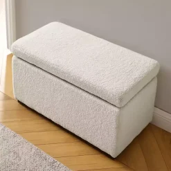 New Kirklands Home Ivory Sherpa & Walnut Rectangle Storage Ottoman