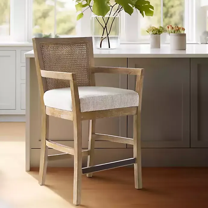 Hot Kirklands Home Upholstered Cane Backrest Counter Stool Ivory