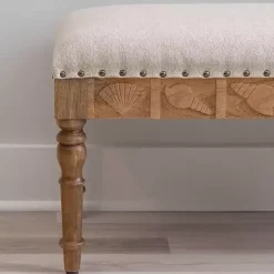 Kirklands Home Upholstered Seashell Wood Bench Ivory