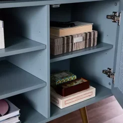 Outlet Kirklands Home Light Wood and Cane Media Cabinet Blue