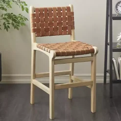 Clearance Kirklands Home Light Brown Woven Leather Wooden Counter Stool Tan
