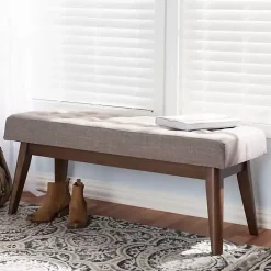 Clearance Kirklands Home Light Tufted Walnut Wood Bench Gray