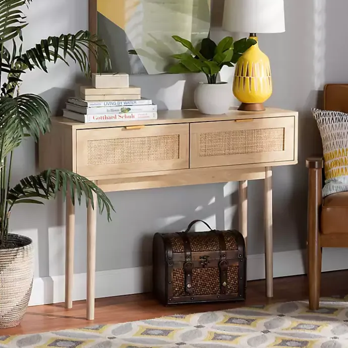 Kirklands Home Light Oak Rat and Wood Console Table Tan