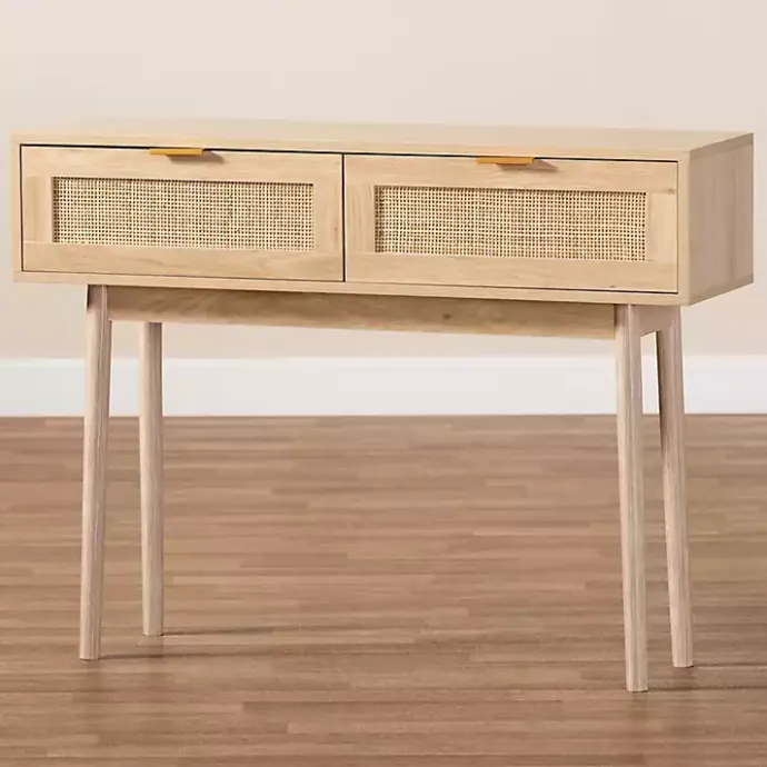 Kirklands Home Light Oak Rat and Wood Console Table Tan
