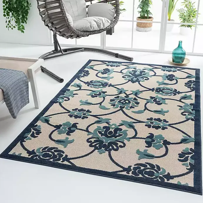 Clearance Kirklands Home Lyla Blue Floral Damask Indoor/Outdoor Rug, 5x8