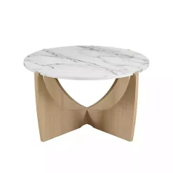 Kirklands Home Marble & Oak Open Base Round Coffee Table Tan