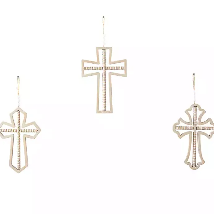 Outlet Kirklands Home Natural Beaded Wood Cross Wall Plaques, Set of 3 Tan