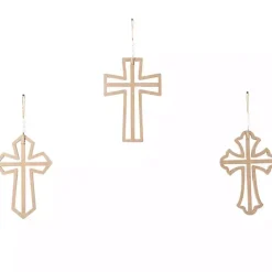 Outlet Kirklands Home Natural Beaded Wood Cross Wall Plaques, Set of 3 Tan