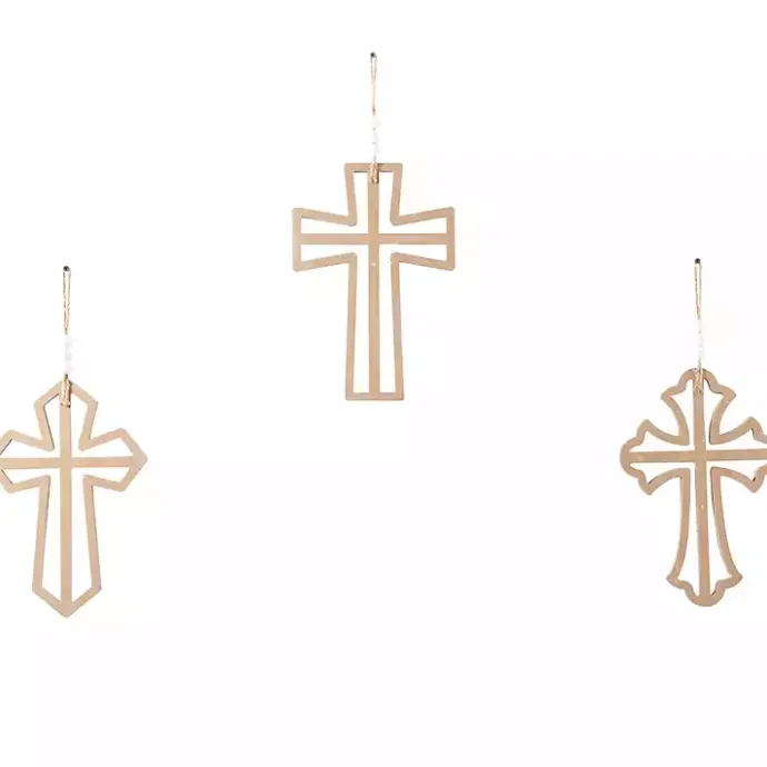 Outlet Kirklands Home Natural Beaded Wood Cross Wall Plaques, Set of 3 Tan