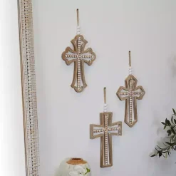 Outlet Kirklands Home Natural Beaded Wood Cross Wall Plaques, Set of 3 Tan