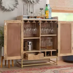 Best Kirklands Home Natural Marble Rattan Front Bar Cabinet