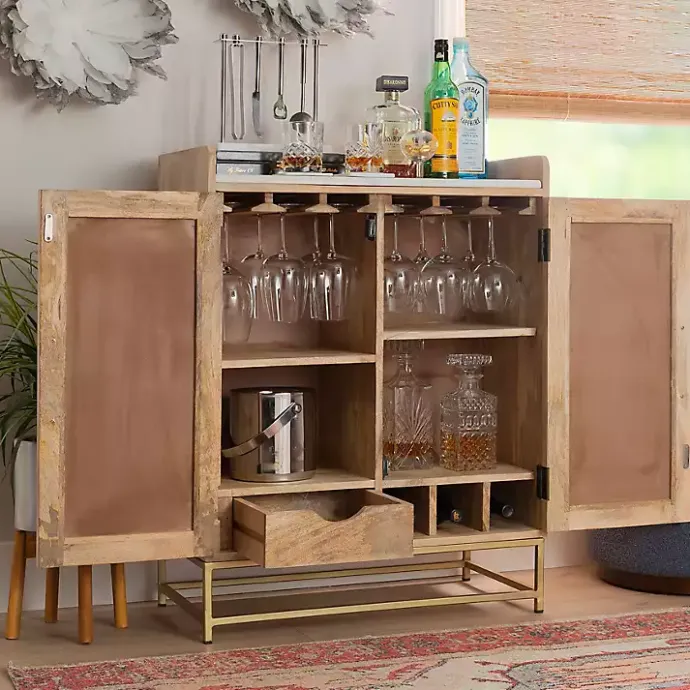 Best Kirklands Home Natural Marble Rattan Front Bar Cabinet