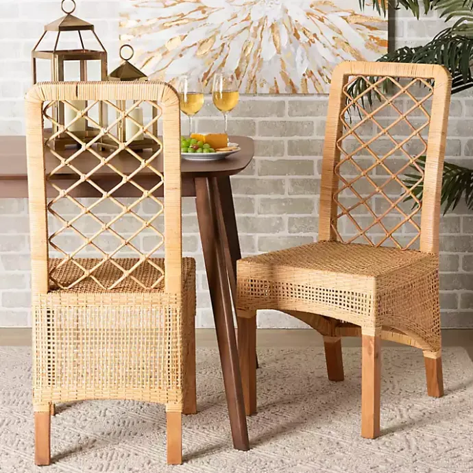 New Kirklands Home Natural Rat Woven Back Dining Chairs, Set of 2 Tan