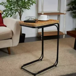 Online Kirklands Home Natural Seagrass and Black Metal C-Table Tan