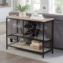 Discount Kirklands Home Natural Wood & Black Metal Wine Rack Console Table