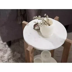 Online Kirklands Home Natural Wood and Marble Moxley Accent Table
