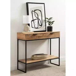 New Kirklands Home Natural Wood Metal Console Table Black