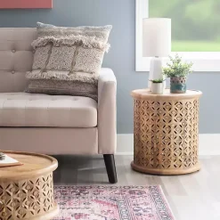 Best Kirklands Home Natural Wood Carved Diamonds Accent Table Tan