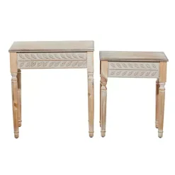 Sale Kirklands Home Natural Wood Carved Leaf Accent Tables, Set of 2