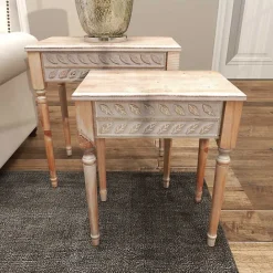 Sale Kirklands Home Natural Wood Carved Leaf Accent Tables, Set of 2