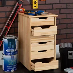 Hot Kirklands Home Natural Wood 6-Drawer Cary Storage Cart Tan
