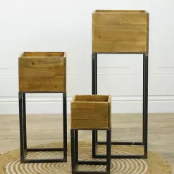 New Kirklands Home Natural Wood with Metal Base Planters, Set of 3
