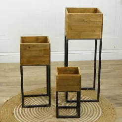 New Kirklands Home Natural Wood with Metal Base Planters, Set of 3