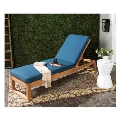 Best Kirklands Home Natural Wooden Chaise with Navy Cushion Blue