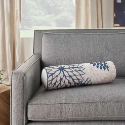 Hot Kirklands Home Navy and Beige Floral Outdoor Bolster Pillow Blue