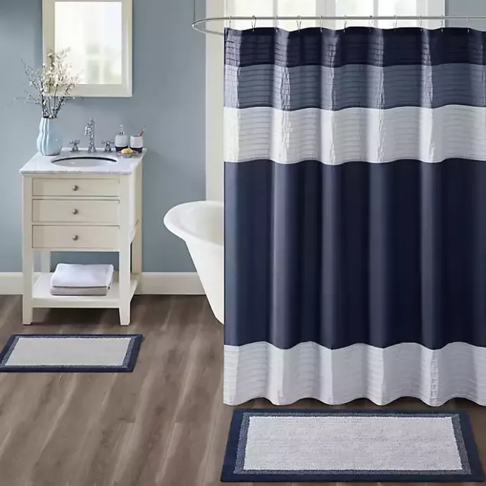 Clearance Kirklands Home Navy Border Cotton Bath Mat, 20x30 Blue