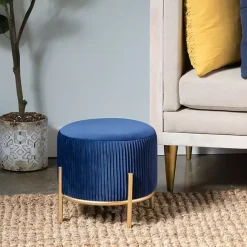 Kirklands Home Navy Velvet Upholstered Round Ottoman Blue