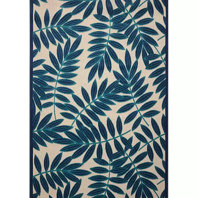 New Kirklands Home Navy Botanical Leaves Outdoor Area Rug, 9x13