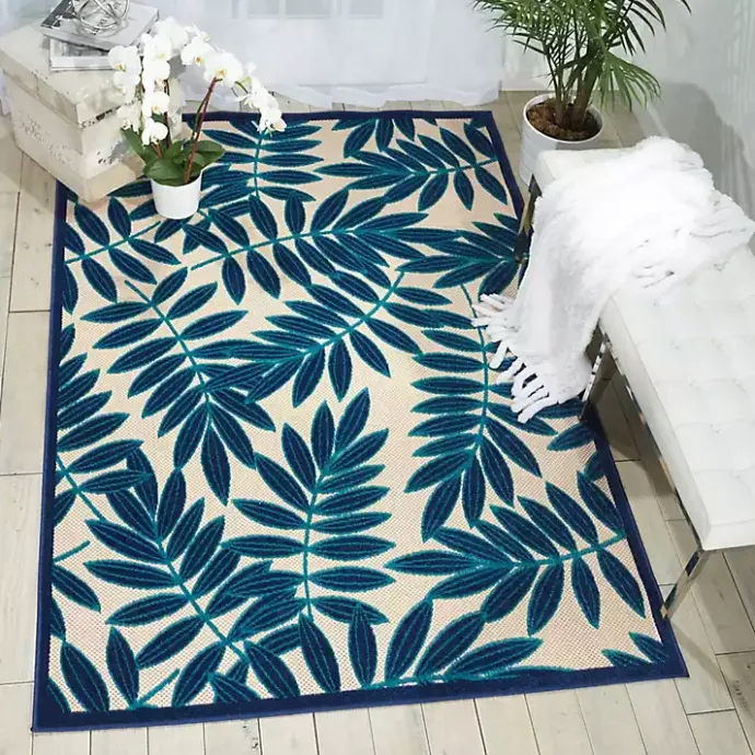 New Kirklands Home Navy Botanical Leaves Outdoor Area Rug, 9x13