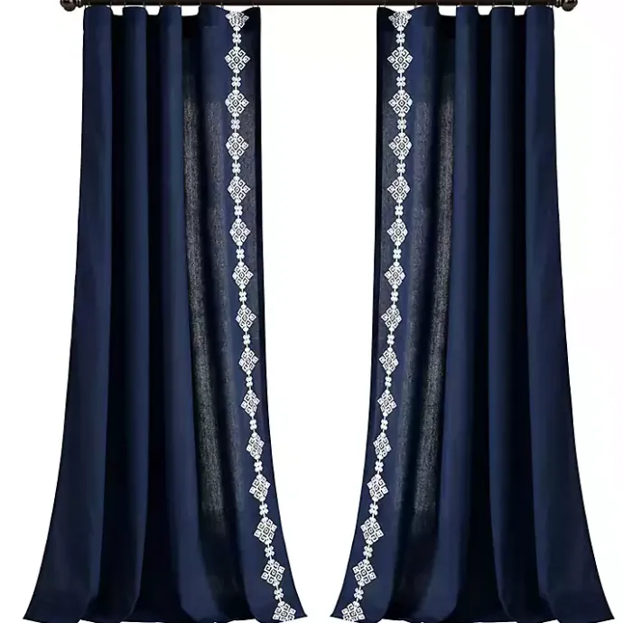 Outlet Kirklands Home Navy Geometric Border Curtain Panel, 84 in. Blue