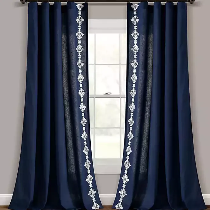 Outlet Kirklands Home Navy Geometric Border Curtain Panel, 84 in. Blue