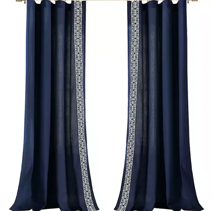 Kirklands Home Navy Modern Square Border Curtain Panel, 84 in. Blue