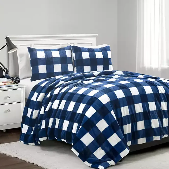 Kirklands Home Navy Plaid Faux Fur 3-pc. King Comforter Set