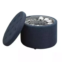 New Kirklands Home Navy Upholstered Round Shoe Storage Ottoman Blue