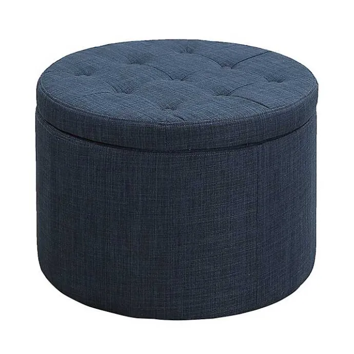 New Kirklands Home Navy Upholstered Round Shoe Storage Ottoman Blue